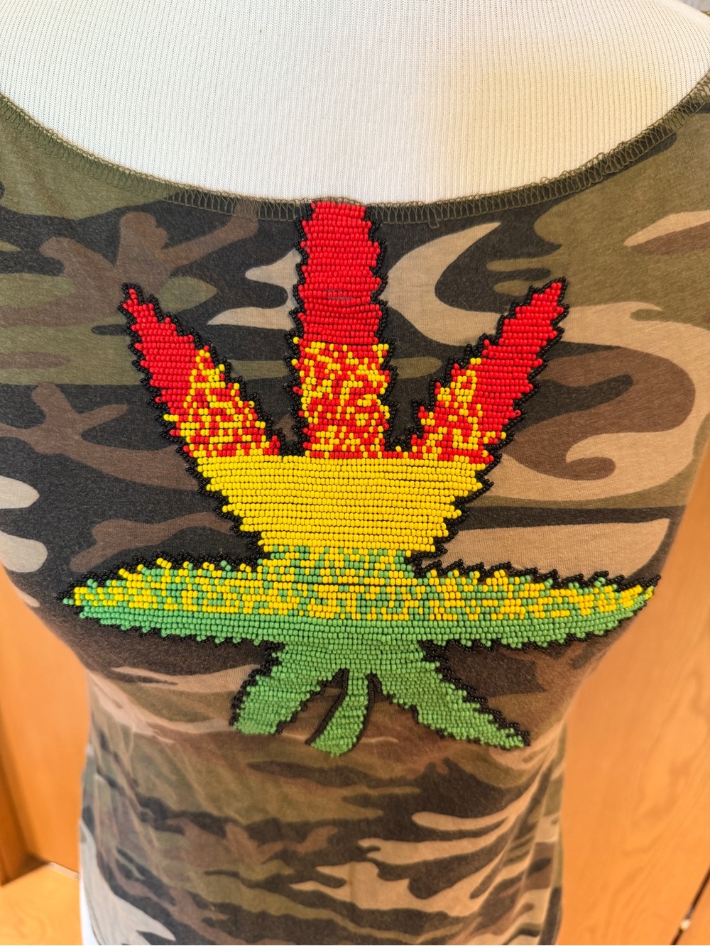 Vintage Y2K Miss Sixty Camo Hand Beaded Cannabis Leaf Tank Top Size S - Picture 4 of 12